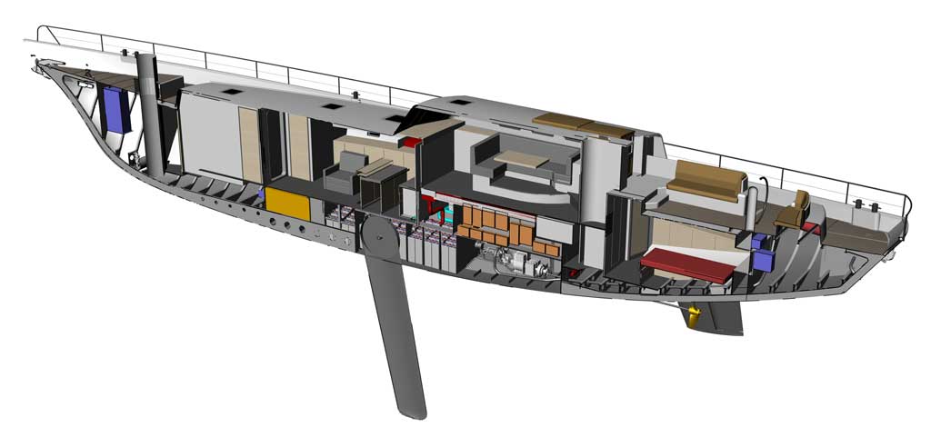 Integrated 3D concept model of the Ecolution, a 77-foot schooner