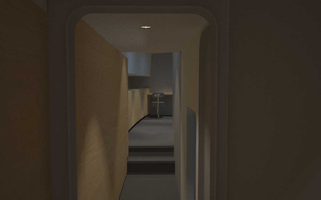 Ecolution interior rendering: corridor to the front with desk