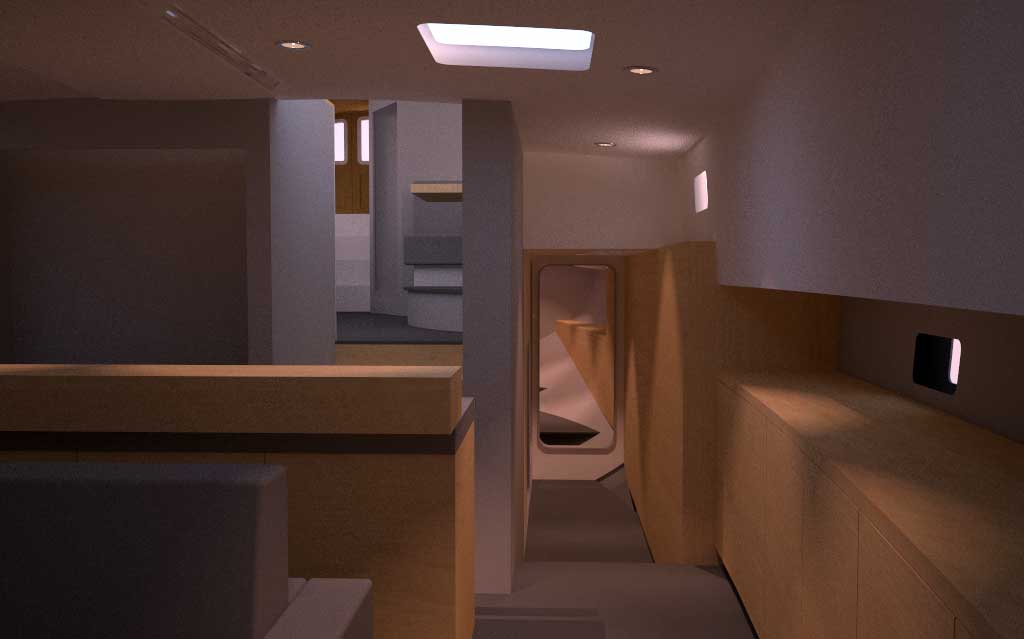 Ecolution interior rendering: corridor to the back and galley